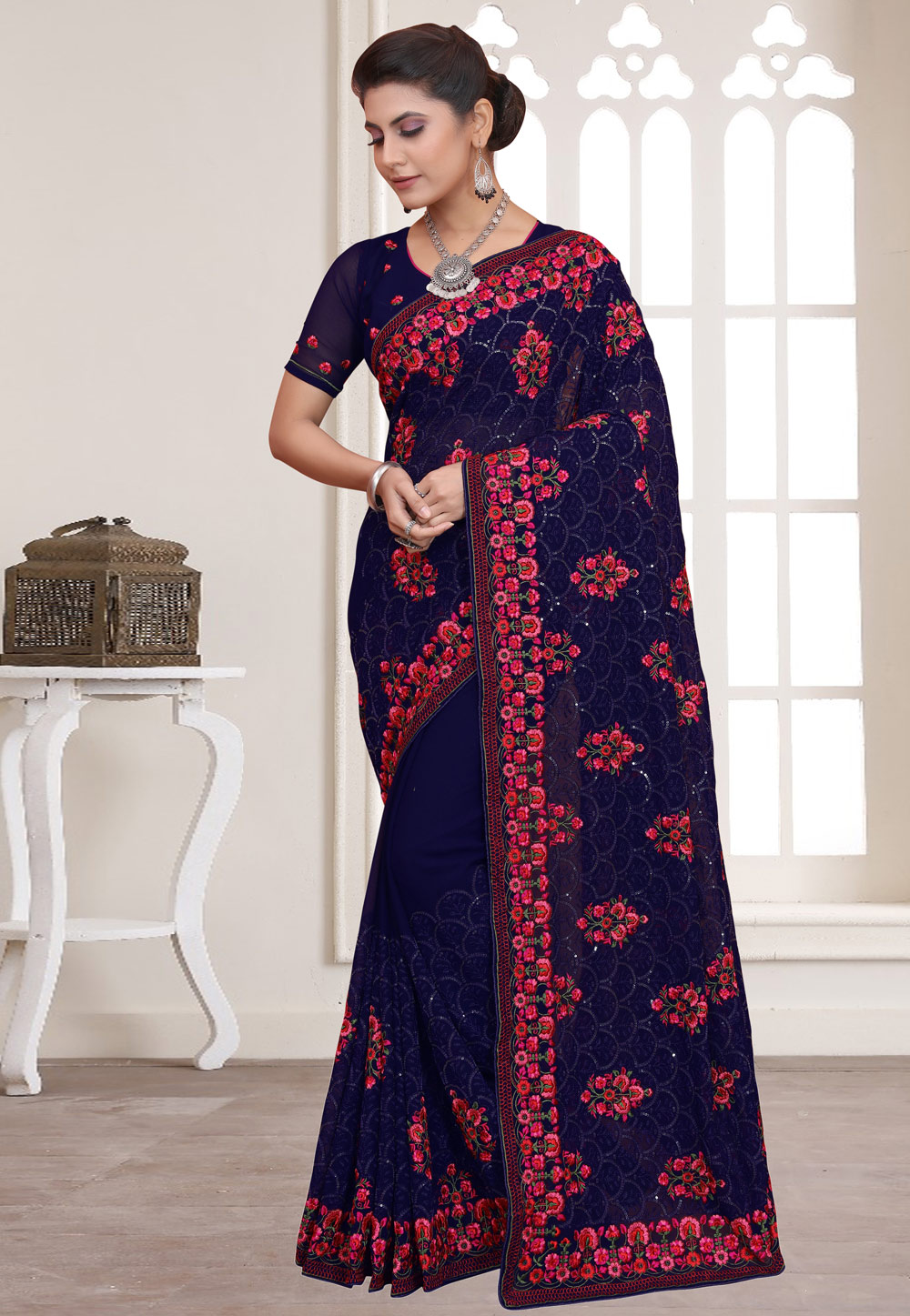 Navy Blue Georgette Saree With Blouse 258367