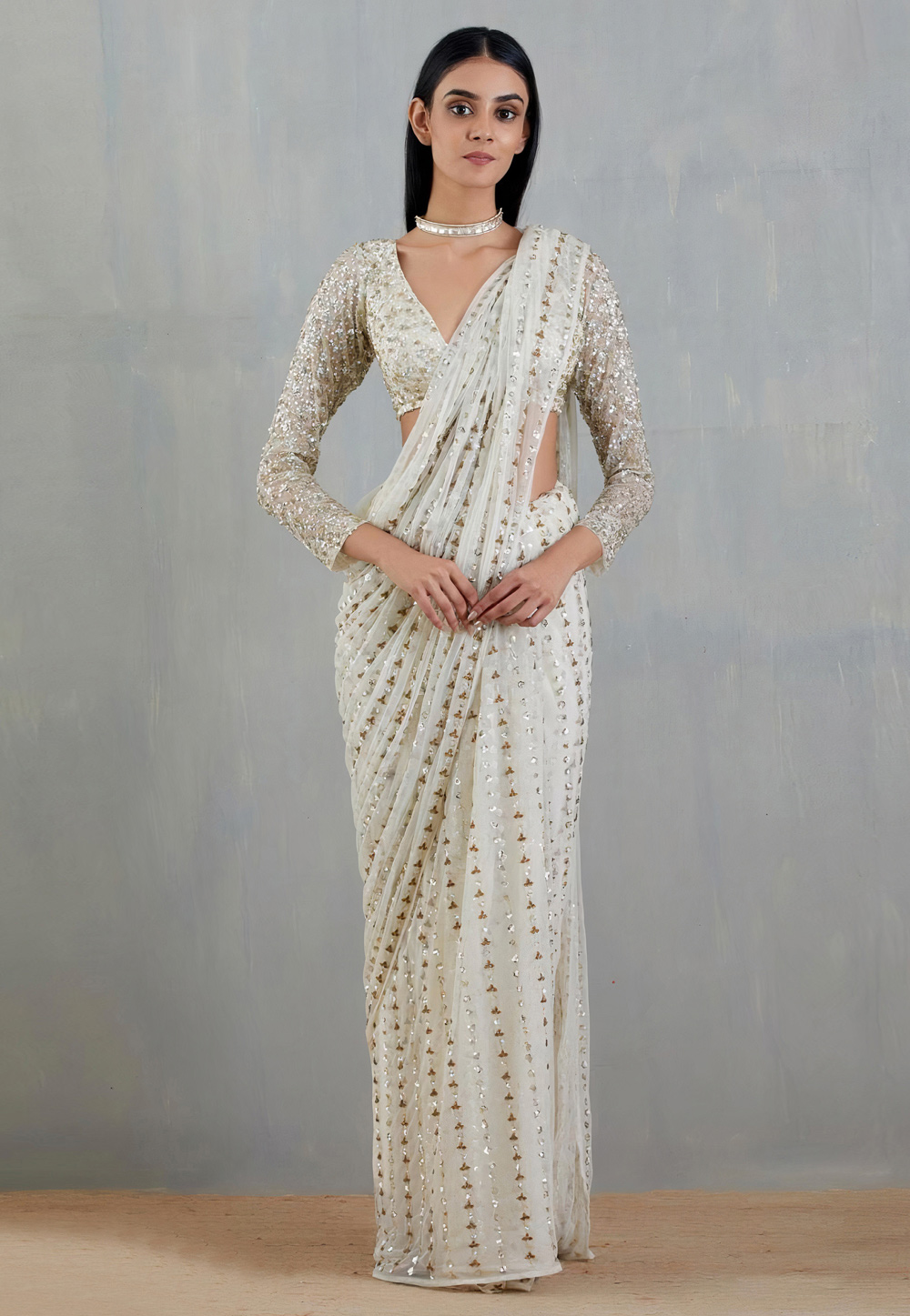 Off White Soft Net Sequence Saree 274556