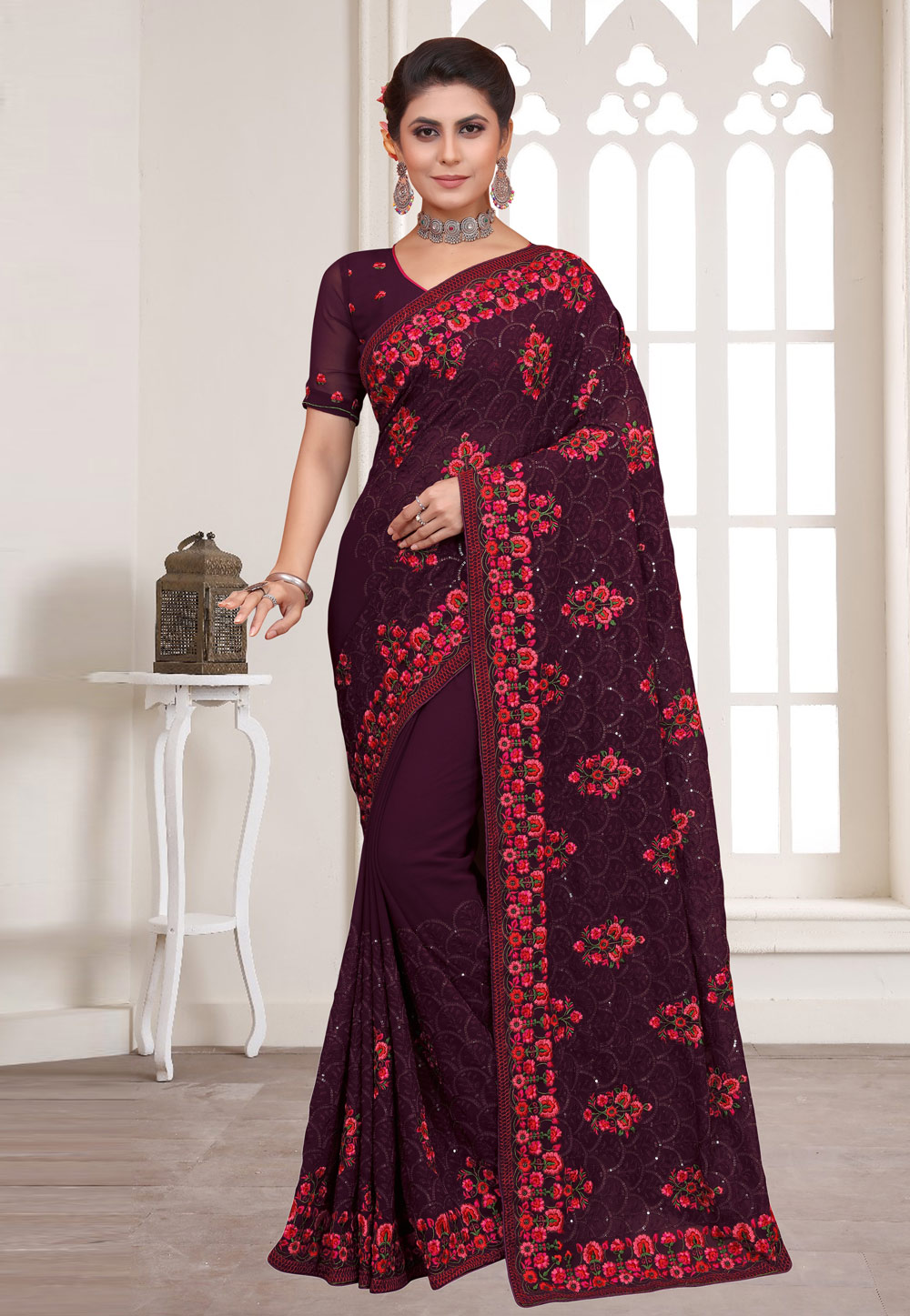 Wine Georgette Saree With Blouse 258368