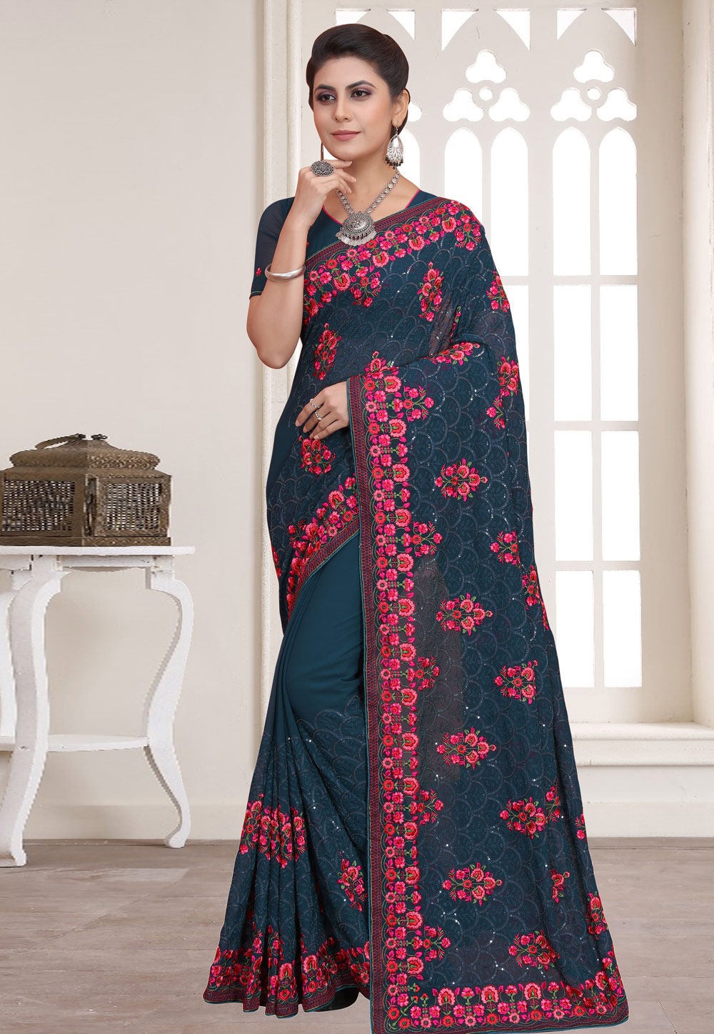 Teal Georgette Saree With Blouse 258369