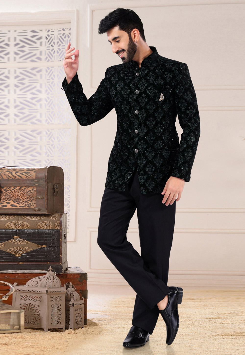 Black and Grey color Rayon fabric Jodhpuri Suit : 1841843-gemektower.com.vn