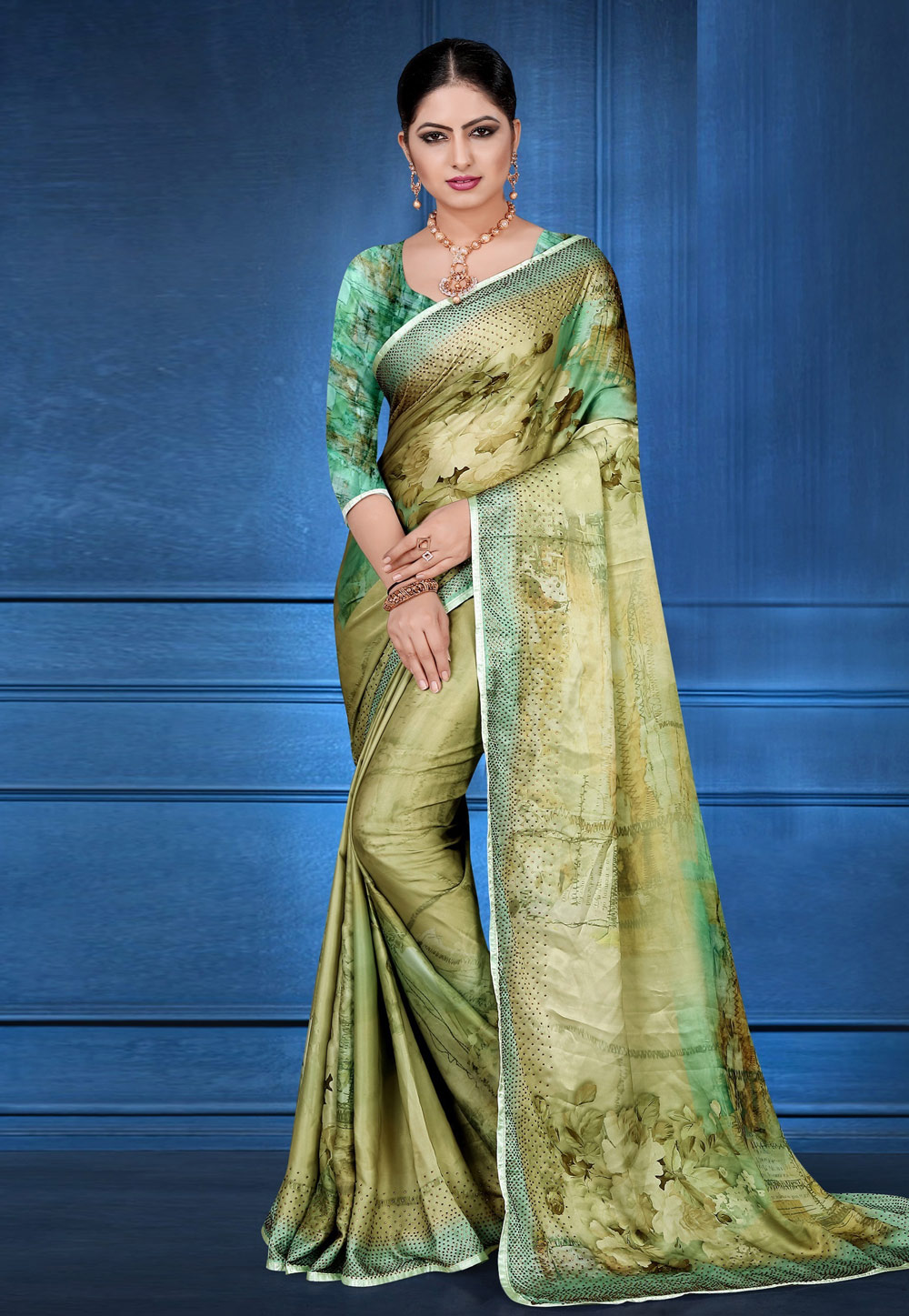 Green Satin Printed Saree With Blouse 183828