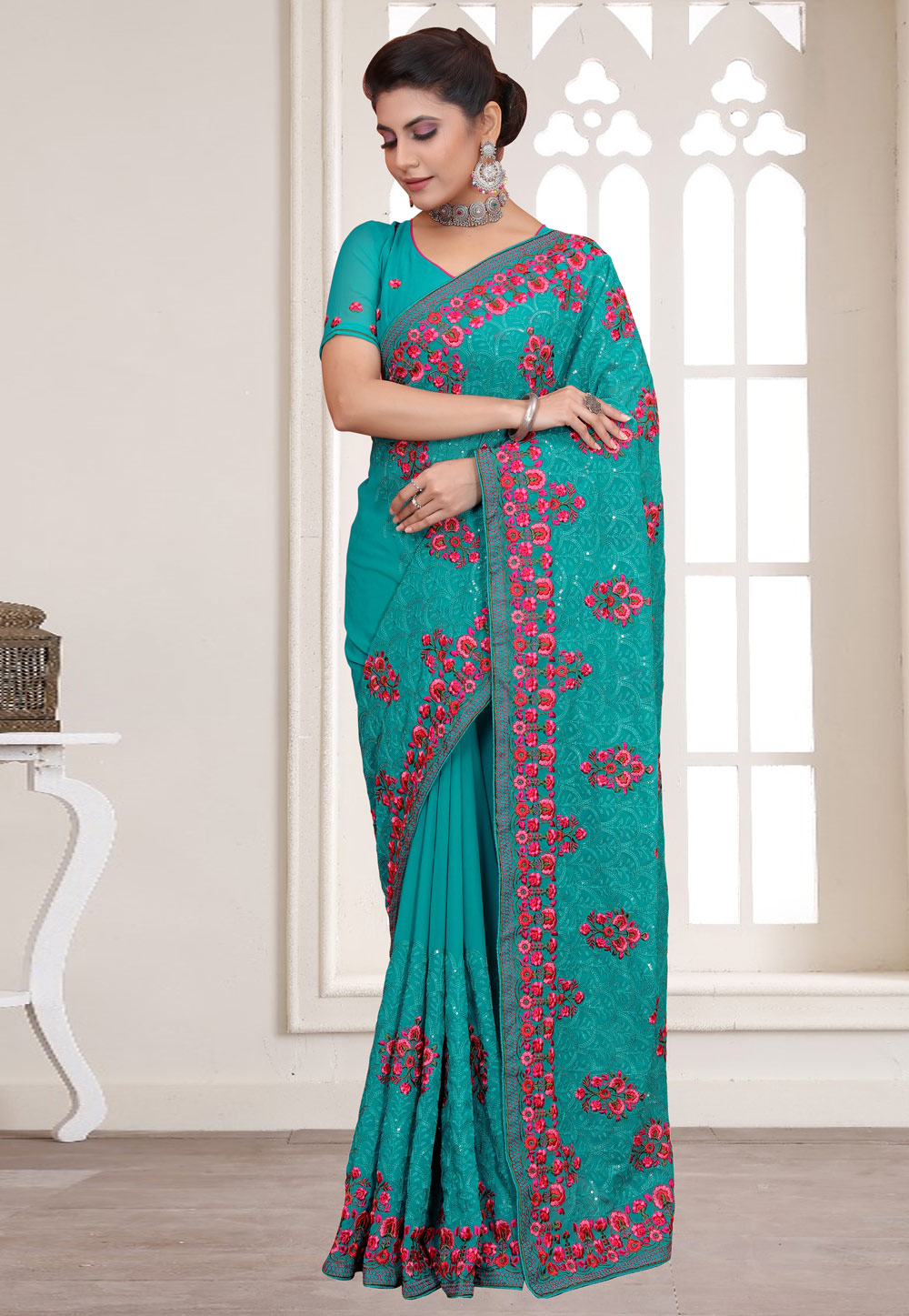 Sea Green Georgette Saree With Blouse 258370