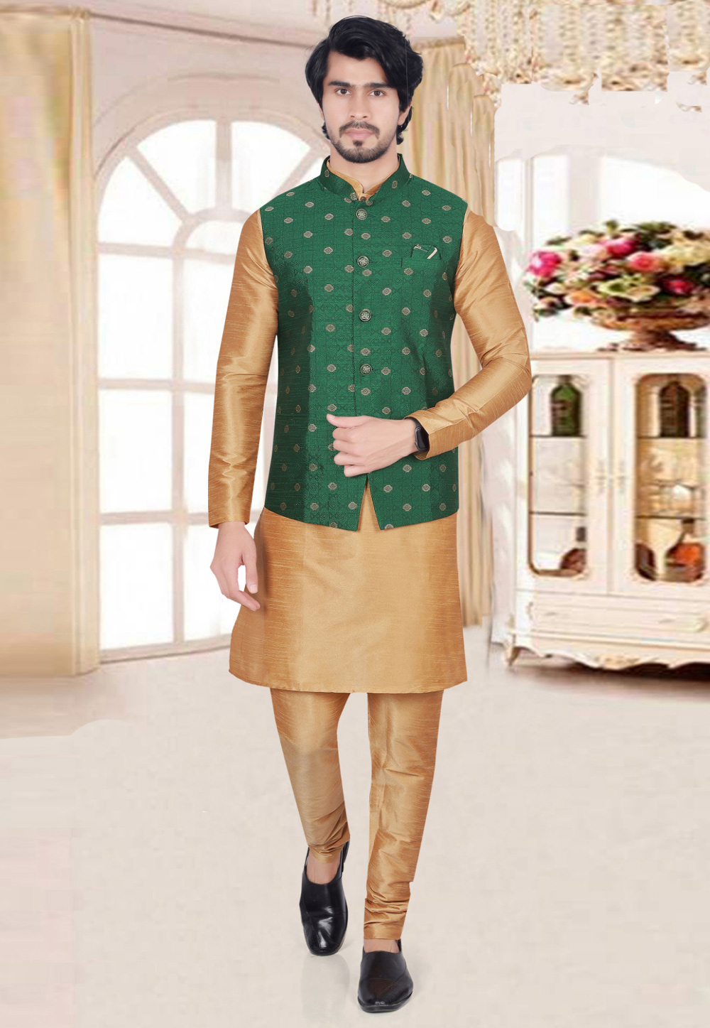 Beige Art Silk Kurta Pajama With Jacket 274274