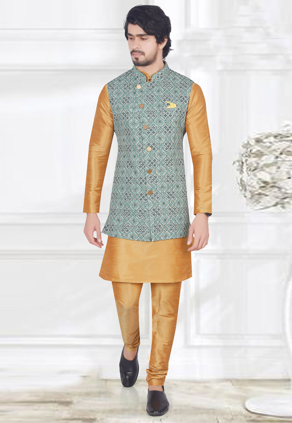 Beige Art Silk Kurta Pajama With Jacket 274268