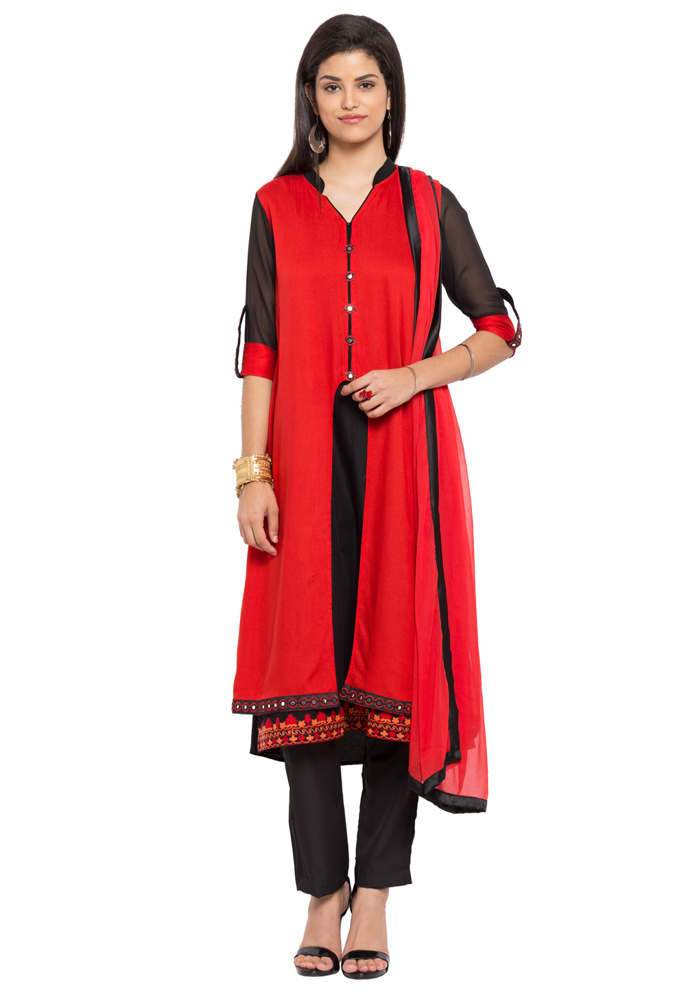 Red Cotton Readymade Pant Style Suit 230446