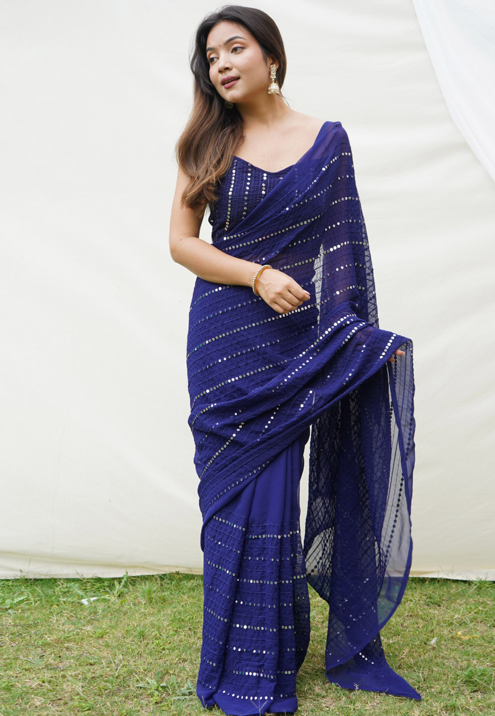 Navy Blue Georgette Saree With Blouse 274189