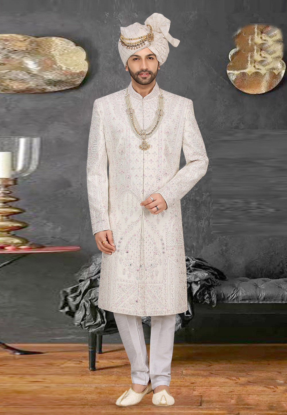 White Banarasi Jacquard Achkan Style Sherwani 274571