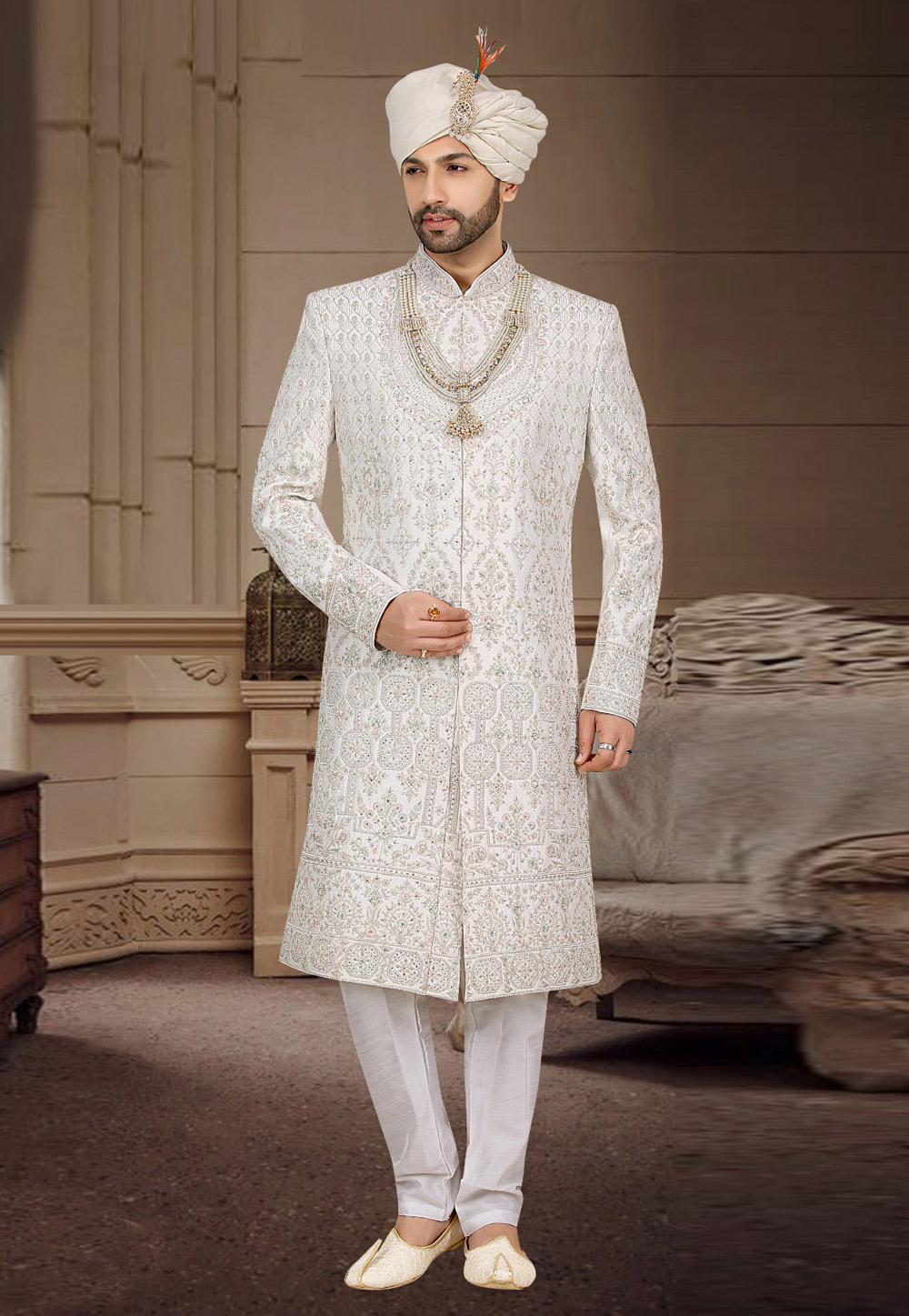 White Banarasi Jacquard Achkan Style Sherwani 274572
