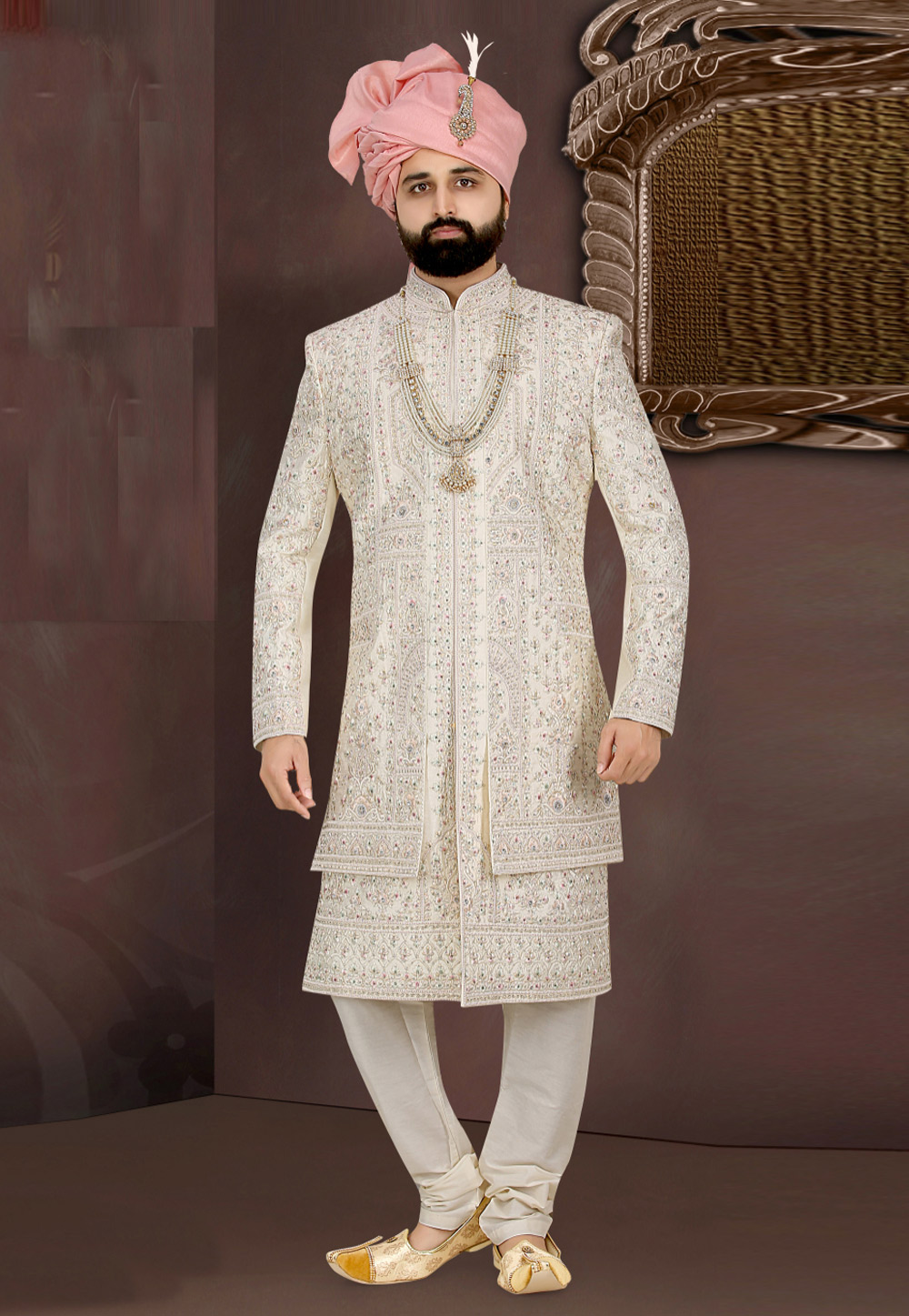 Off White Banarasi Jacquard Jacket Style Sherwani 274574