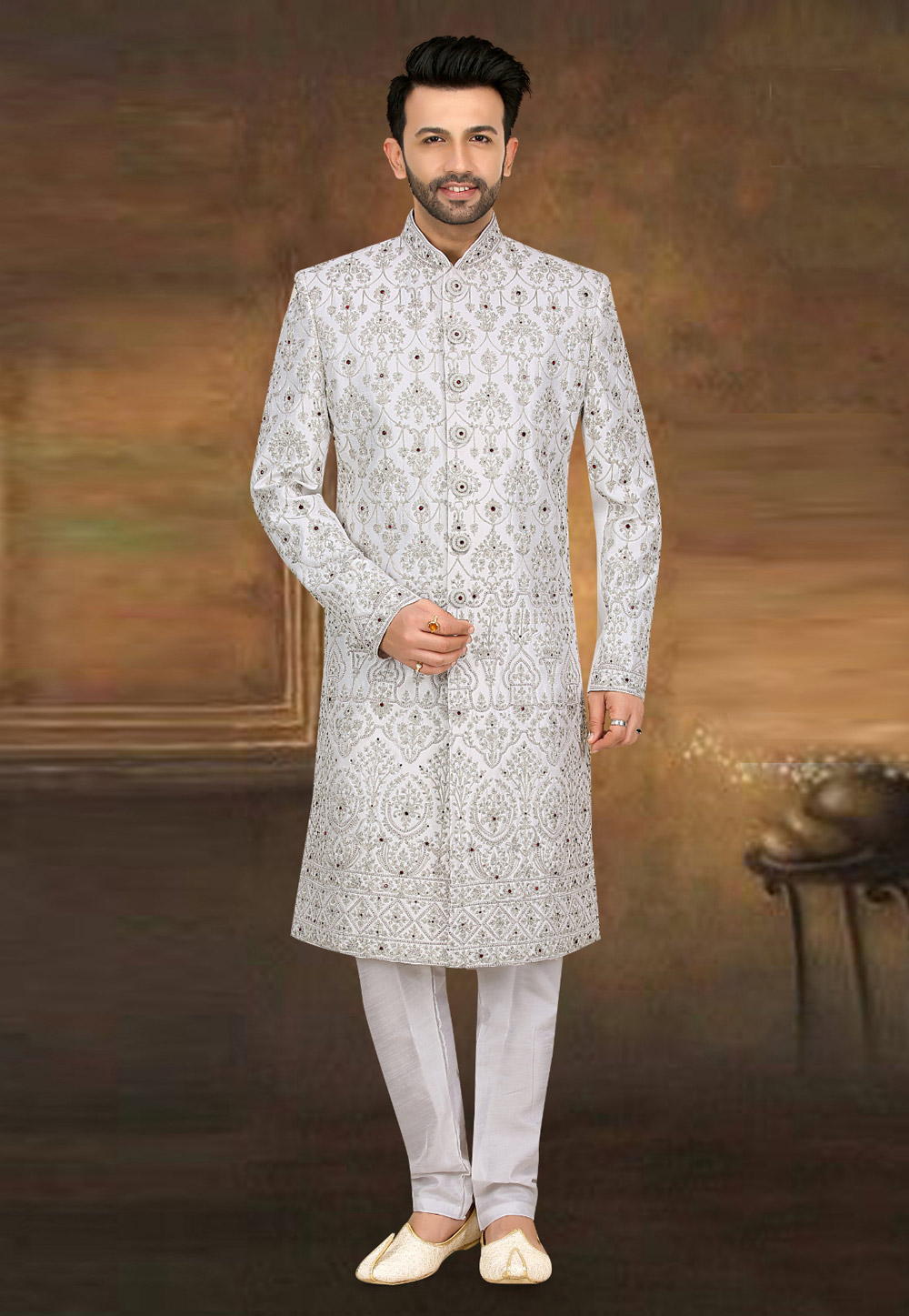 White Banarasi Jacquard Achkan Style Sherwani 274575