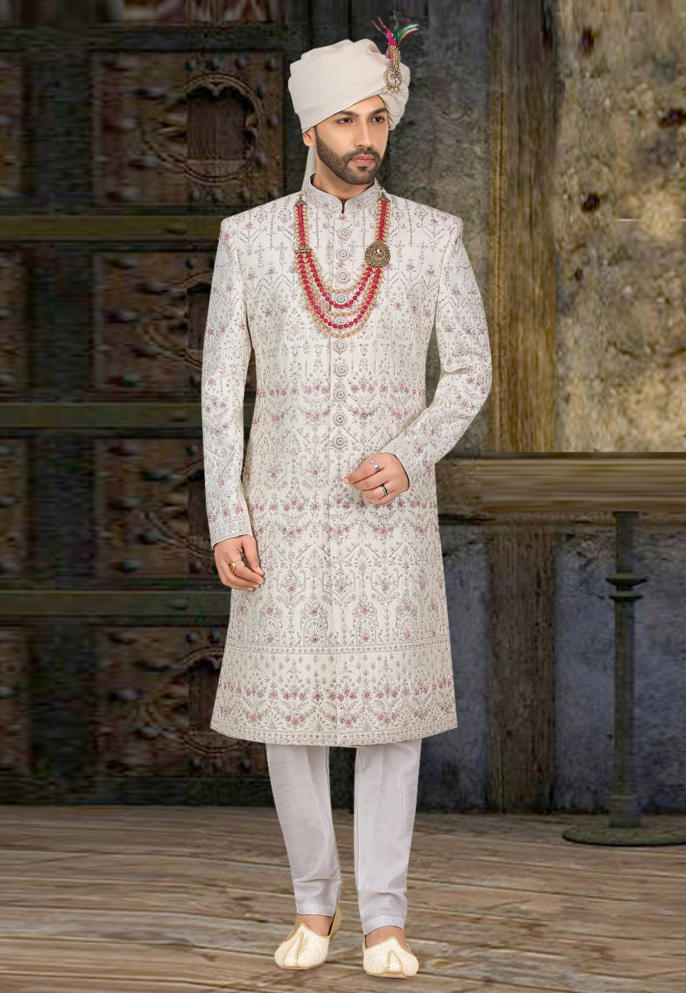 Off White Banarasi Jacquard Achkan Style Sherwani 274576