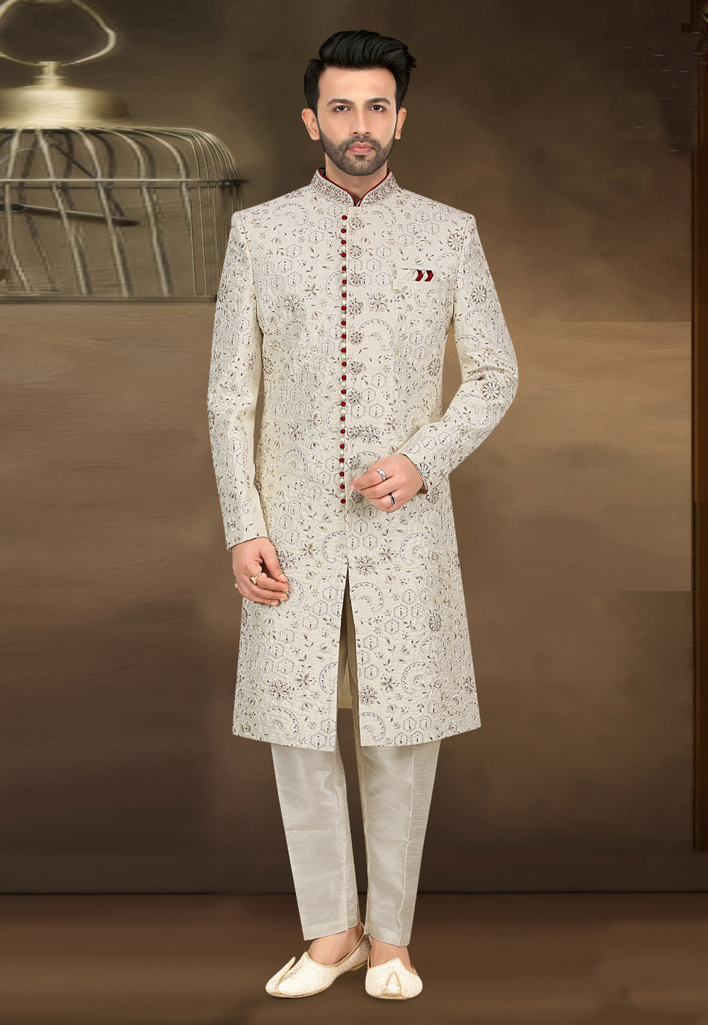 Off White Banarasi Jacquard Achkan Style Sherwani 274578