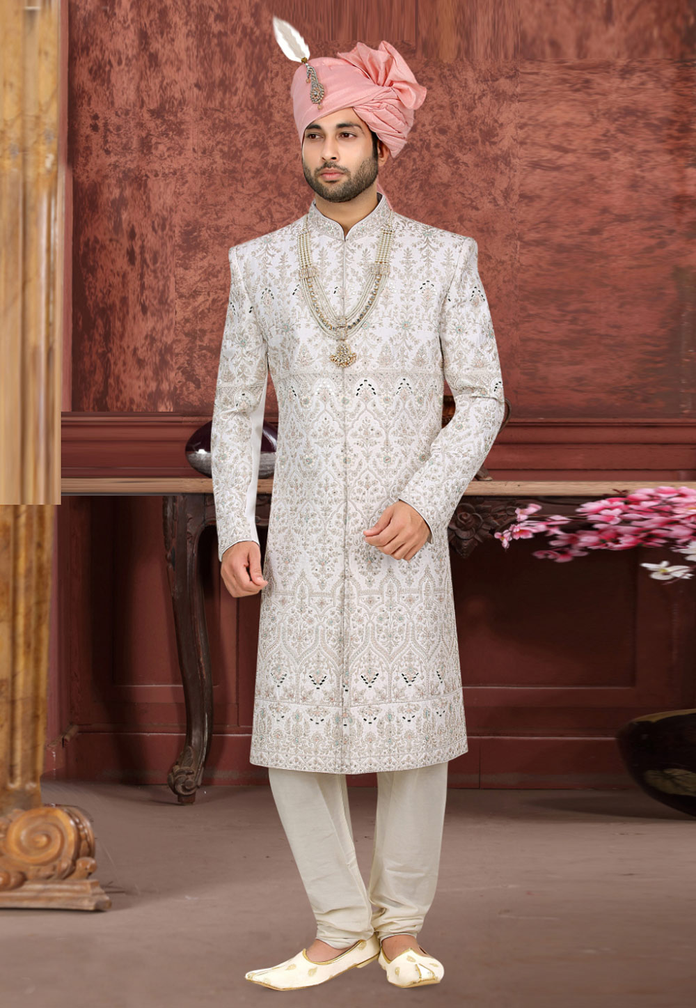 White Banarasi Jacquard Achkan Style Sherwani 274581