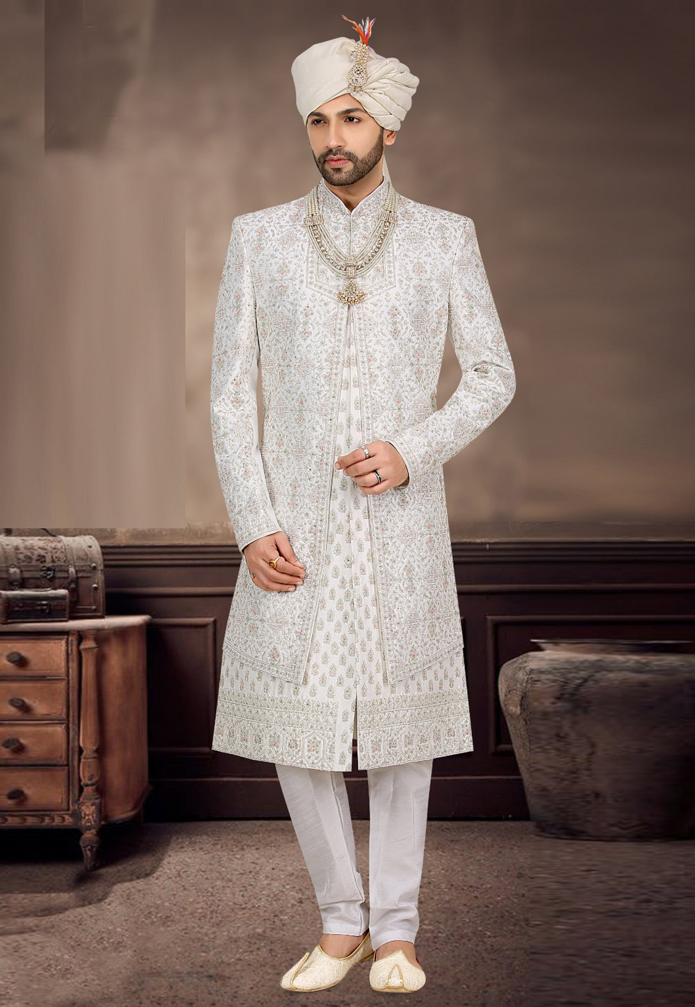 White Banarasi Jacquard Jacket Style Sherwani 274582