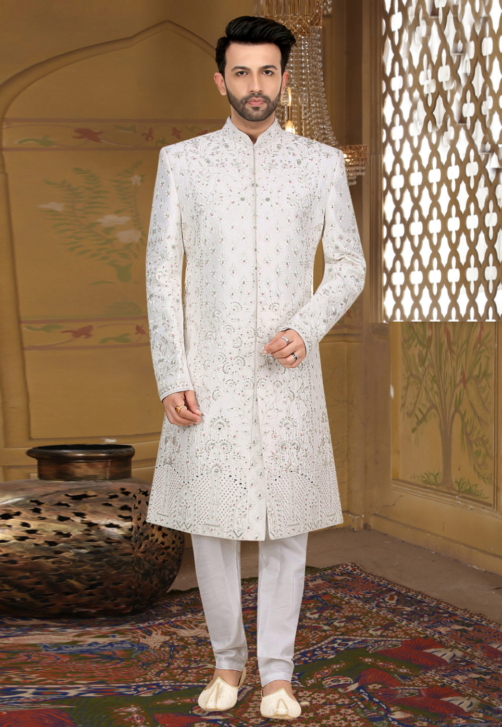 White Banarasi Jacquard Achkan Style Sherwani 274583