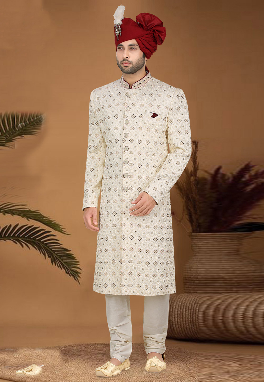 Off White Banarasi Jacquard Achkan Style Sherwani 274585