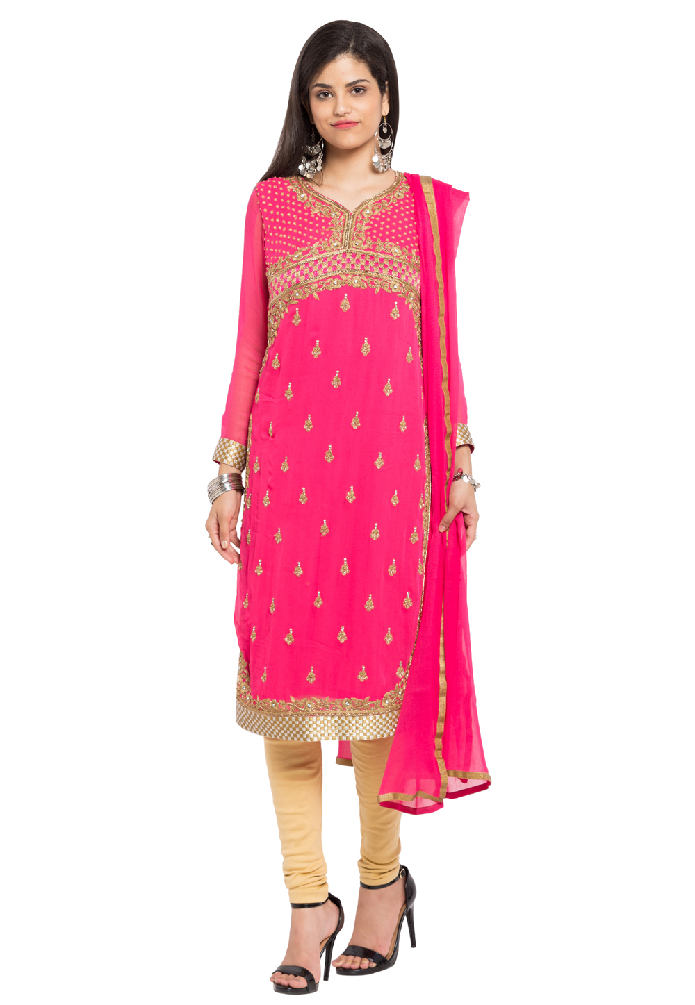 Pink Faux Georgette Readymade Churidar Suit 230447