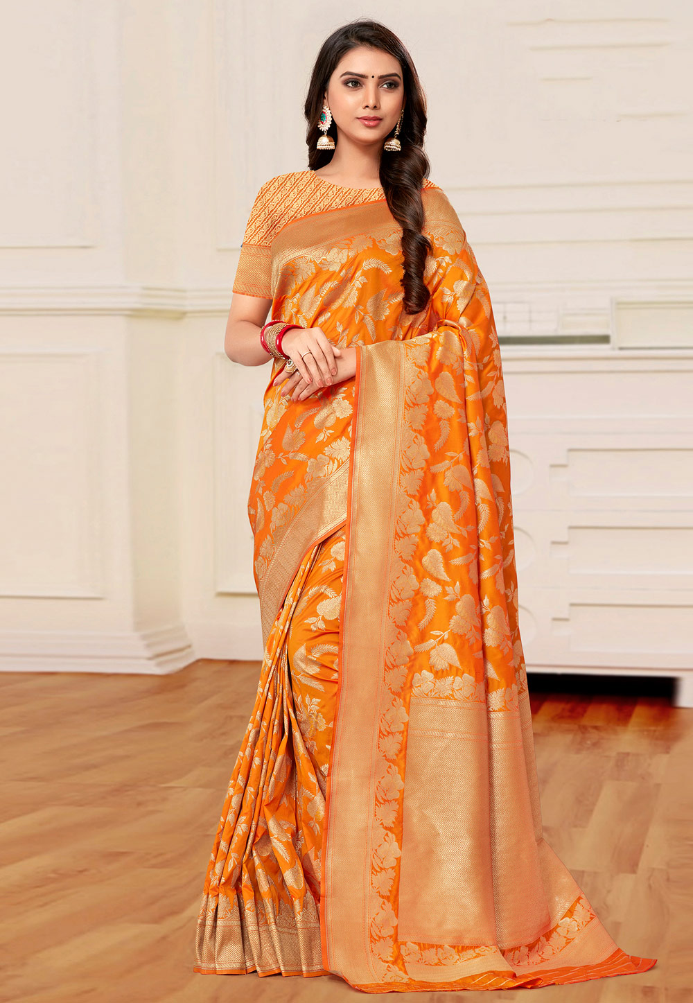 Orange Banarasi Silk Saree With Blouse 217667