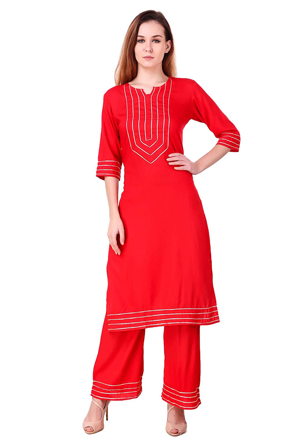Red Rayon Readymade Palazzo Suit 176657