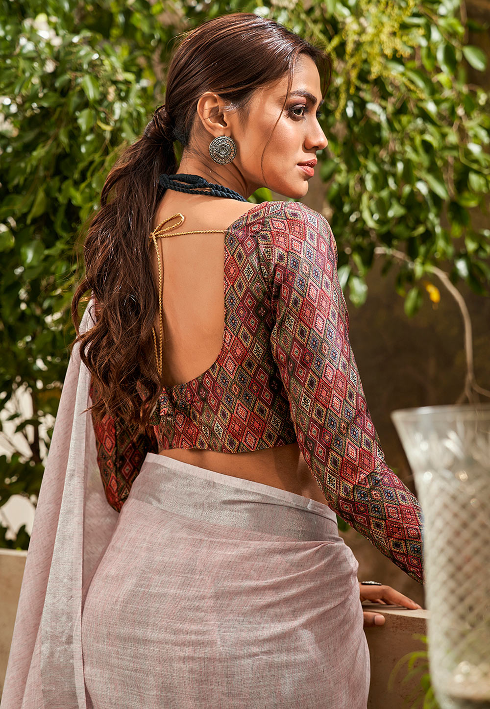 Blush Pink Linen Designer Saree With Matching Blouse for Women