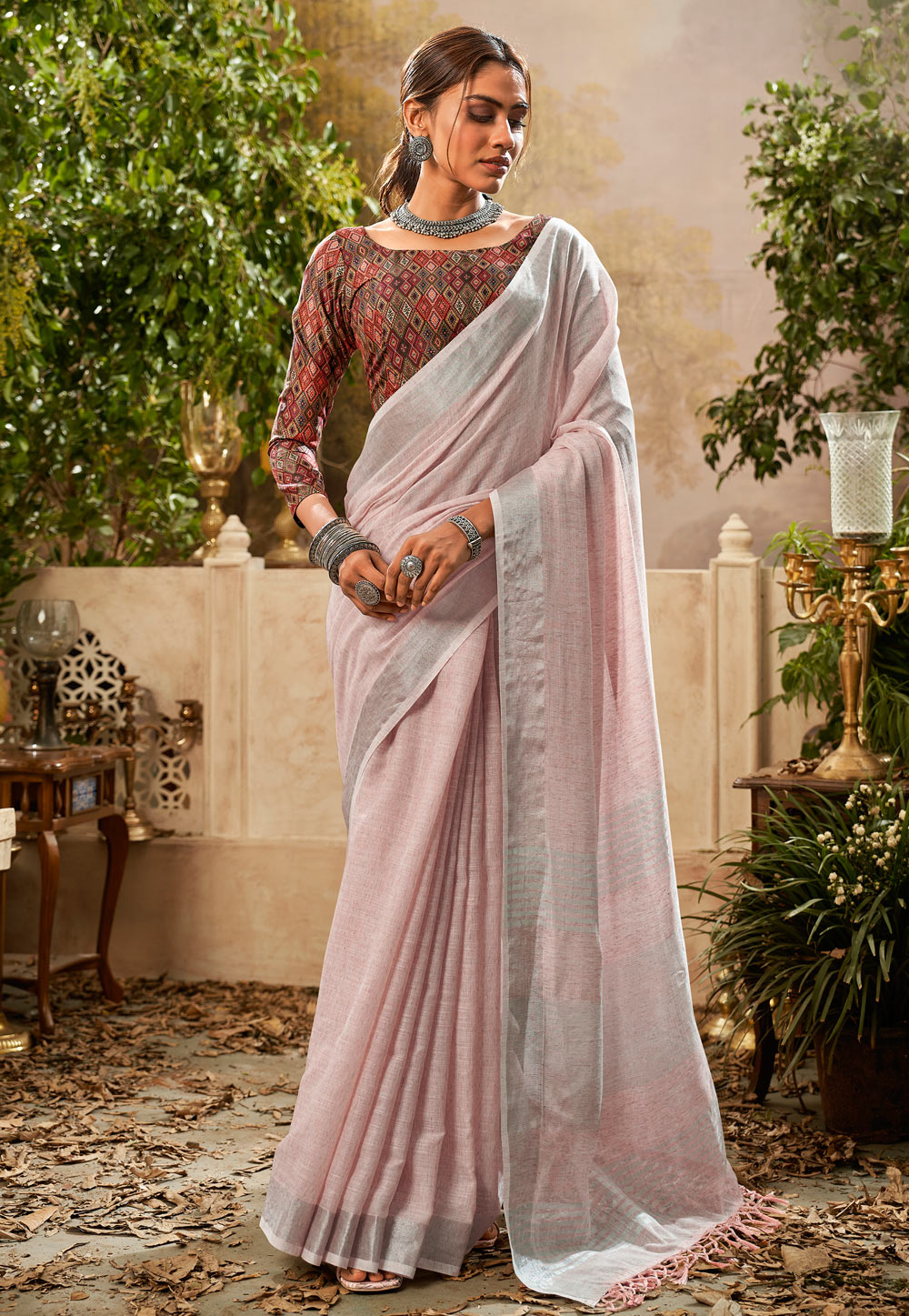 Light Pink Linen Saree With Blouse 272677