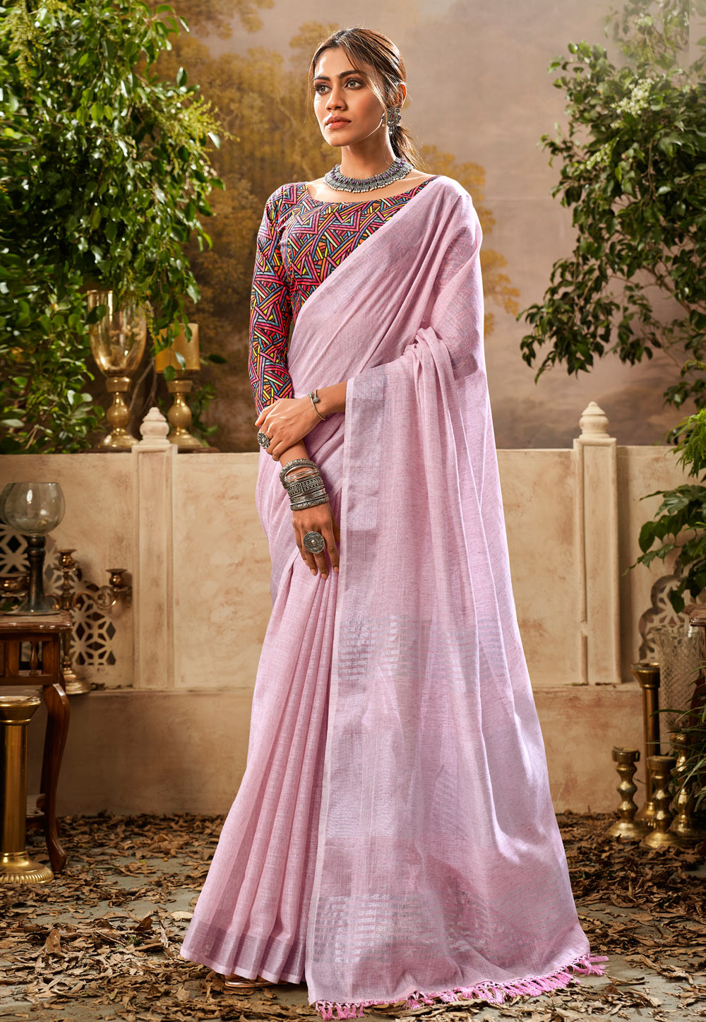 Pink Linen Saree With Blouse 272679