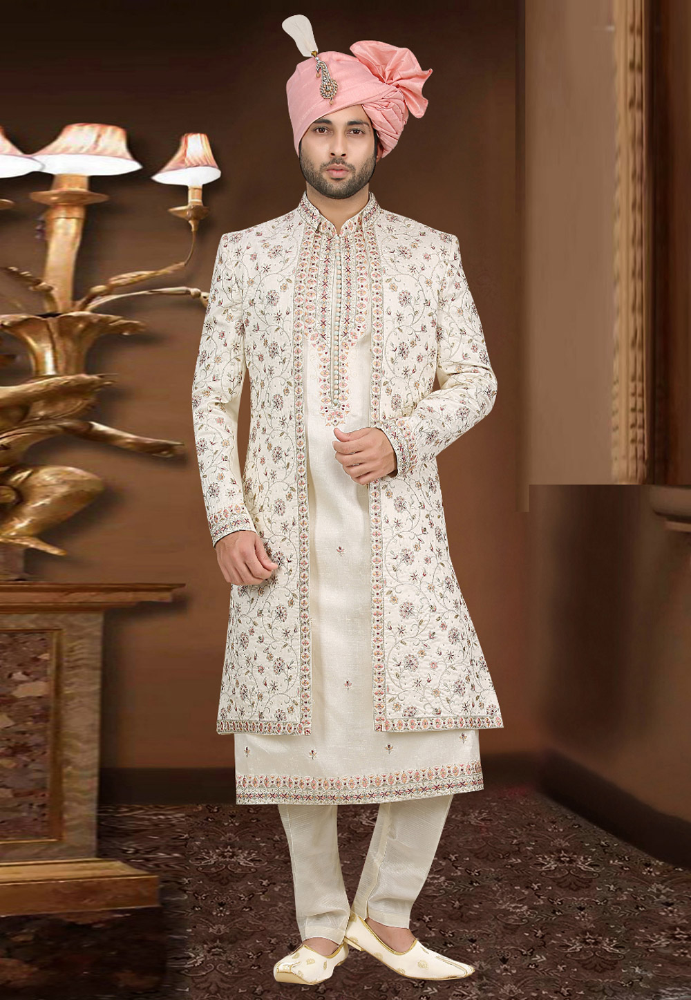 Off White Banarasi Jacquard Jacket Style Sherwani 274590