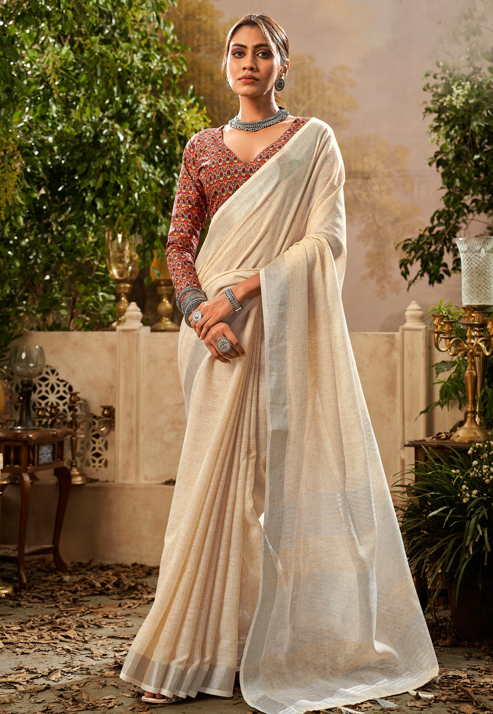 Beige Linen Saree With Blouse 272680