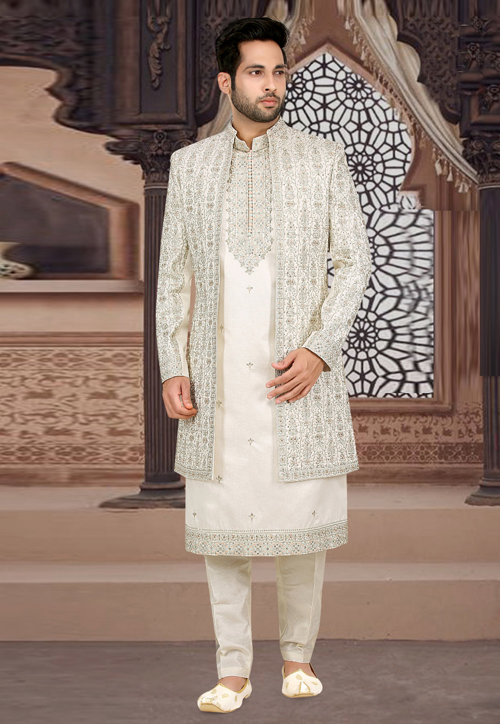 Off White Banarasi Jacquard Jacket Style Sherwani 274591