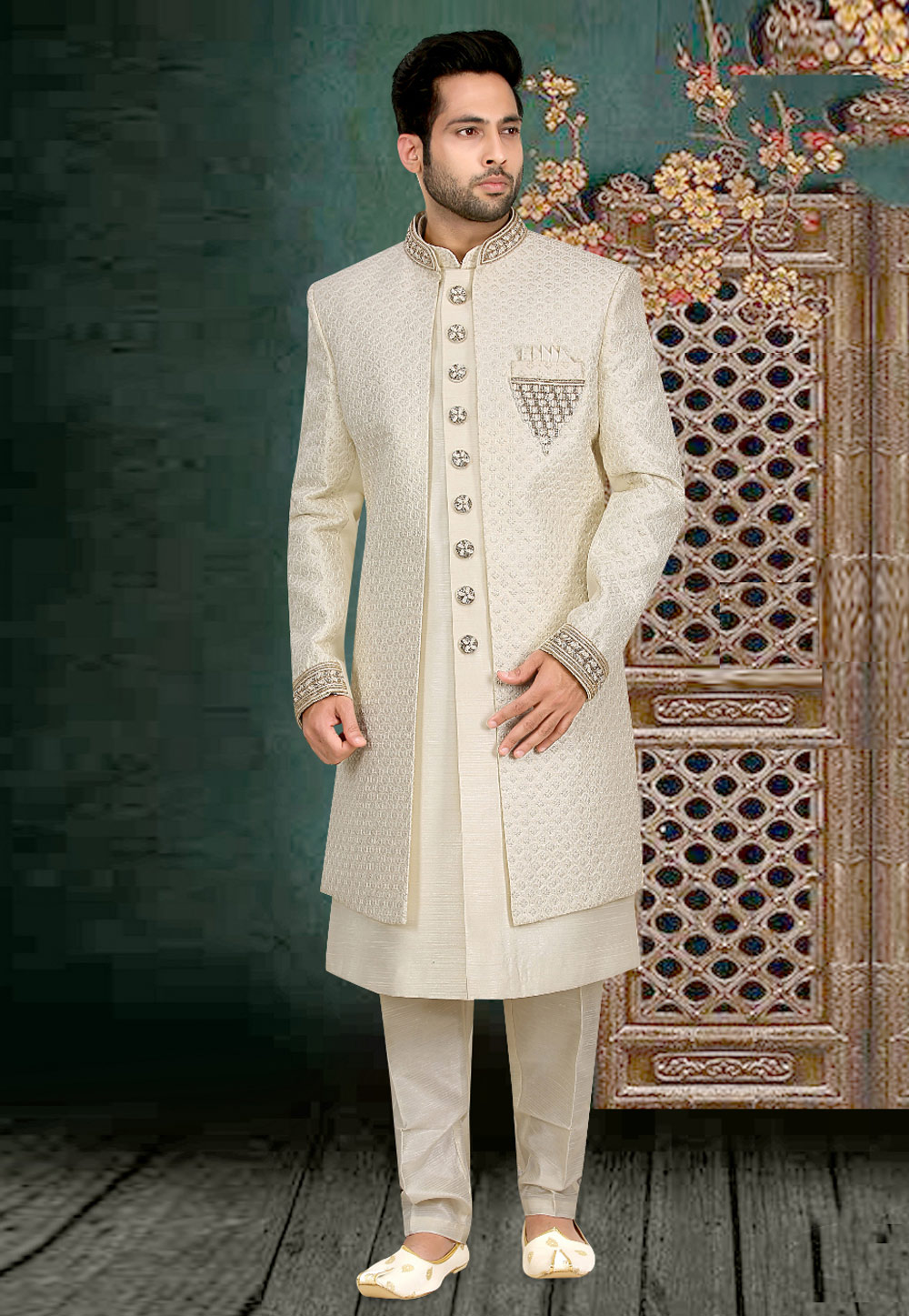Off White Banarasi Jacquard Jacket Style Sherwani 274592