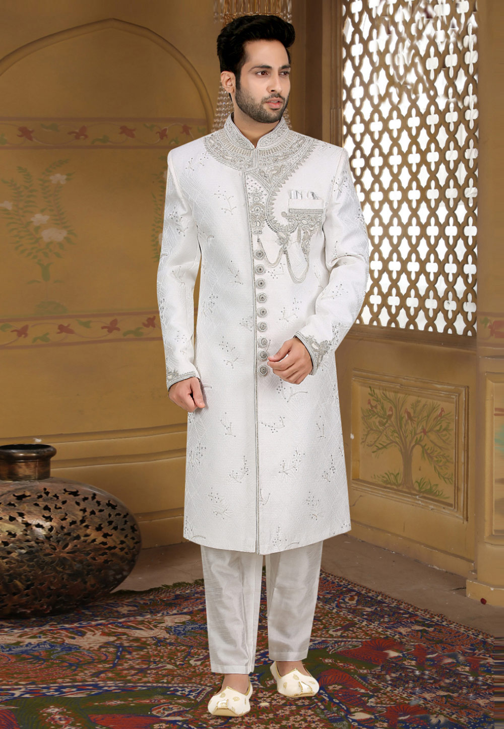 White Banarasi Jacquard Achkan Style Sherwani 274593