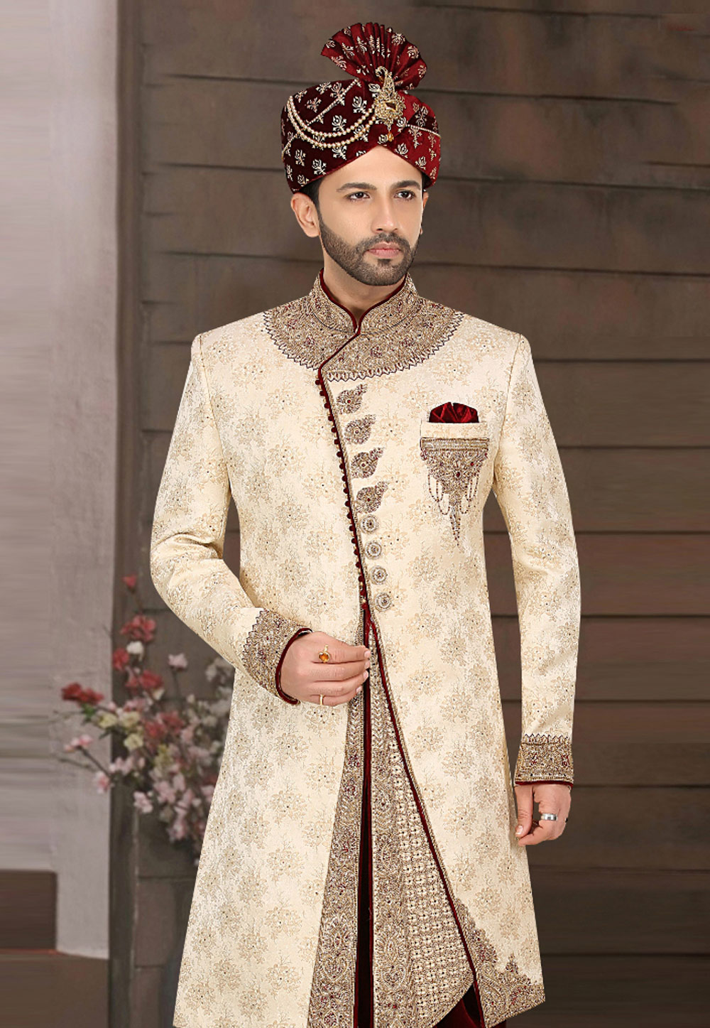 Cream Banarasi Jacquard Dhoti Sherwani 274598