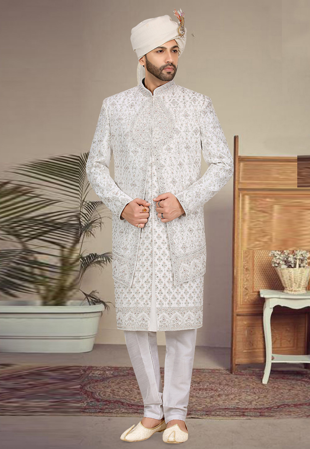 White Banarasi Jacquard Jacket Style Sherwani 274601