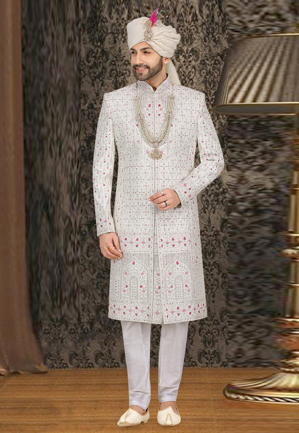 White Banarasi Jacquard Achkan Style Sherwani 274603