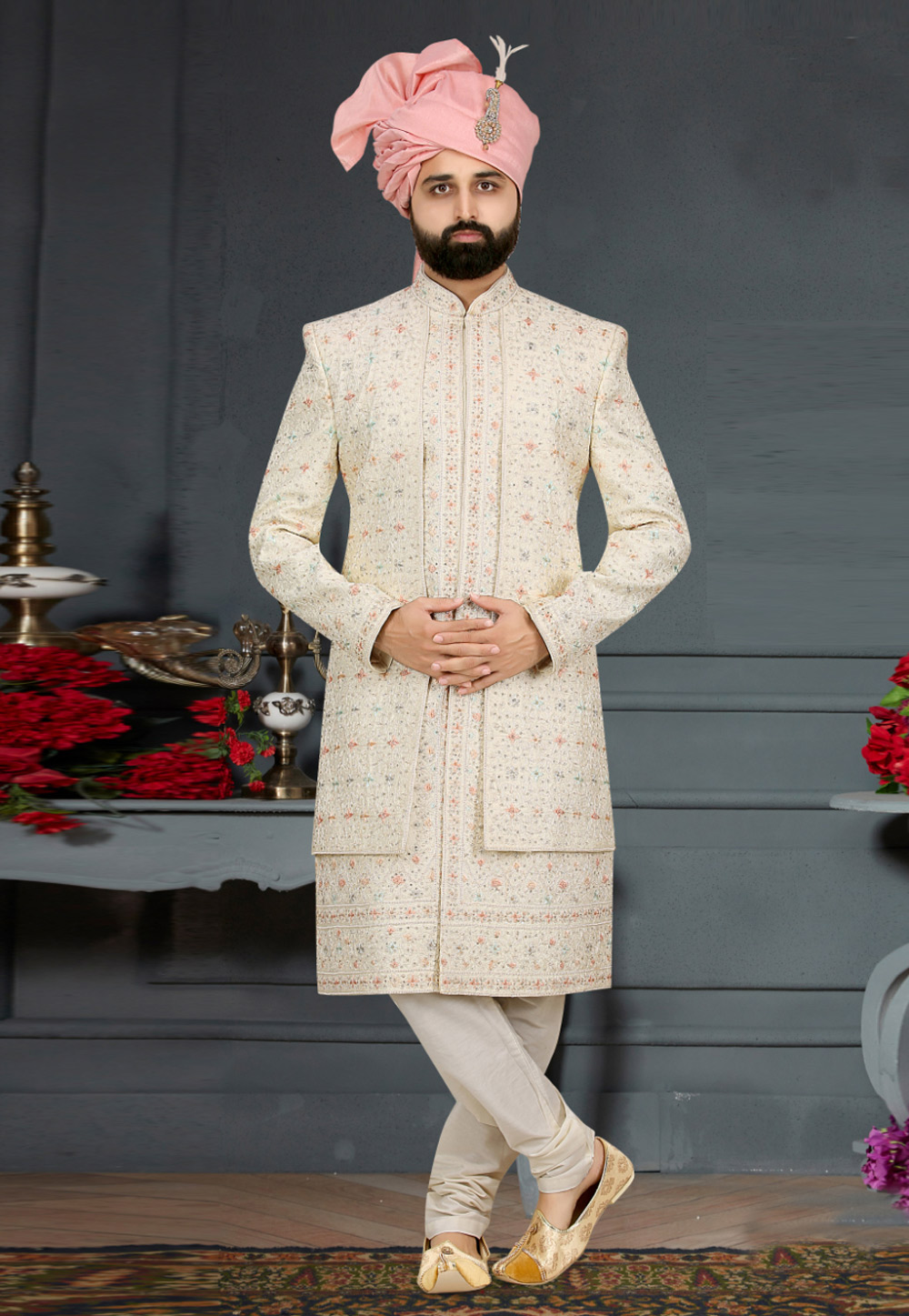Cream Banarasi Jacquard Jacket Style Sherwani 274607
