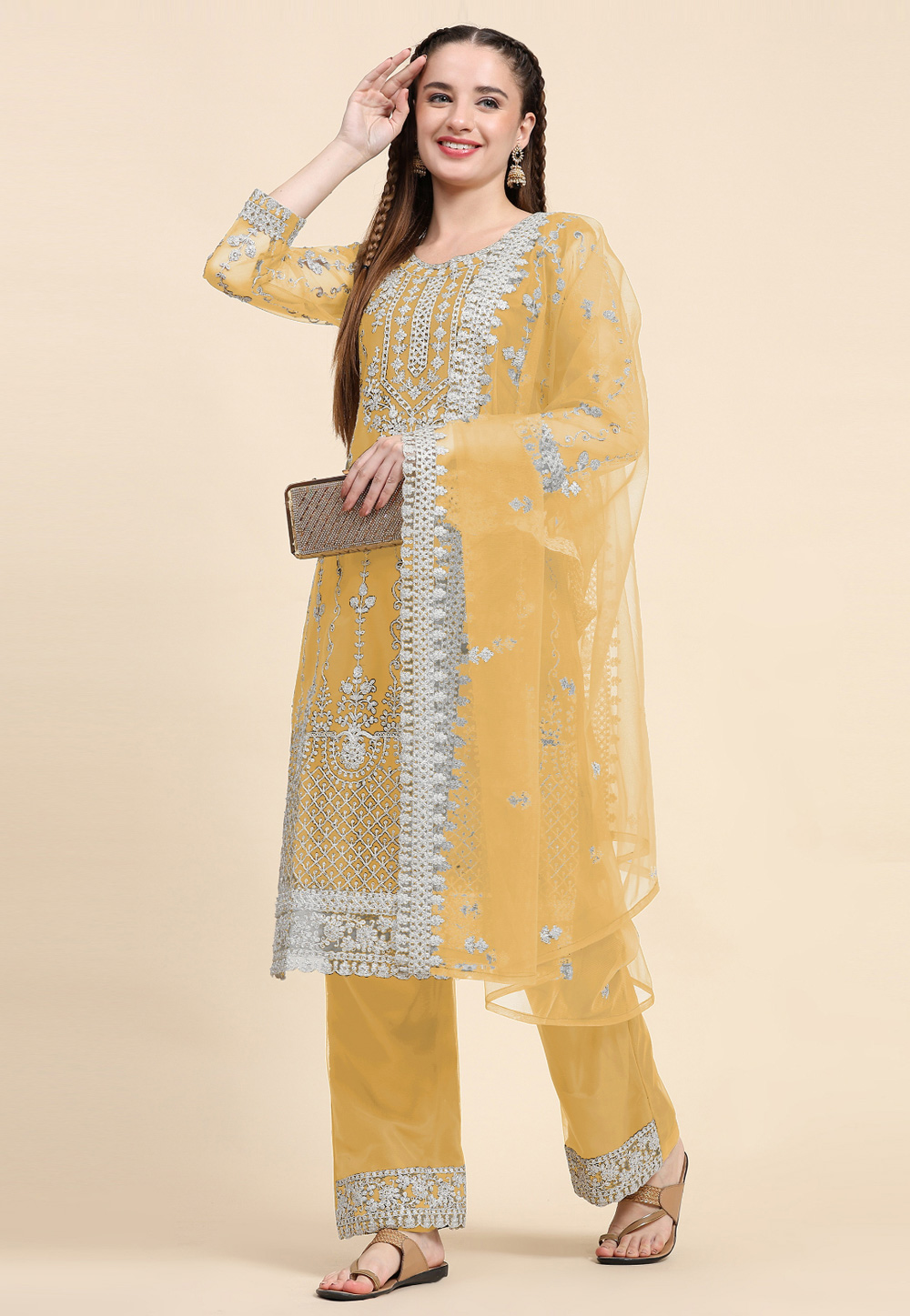 Yellow Net Pant Style Suit 274407