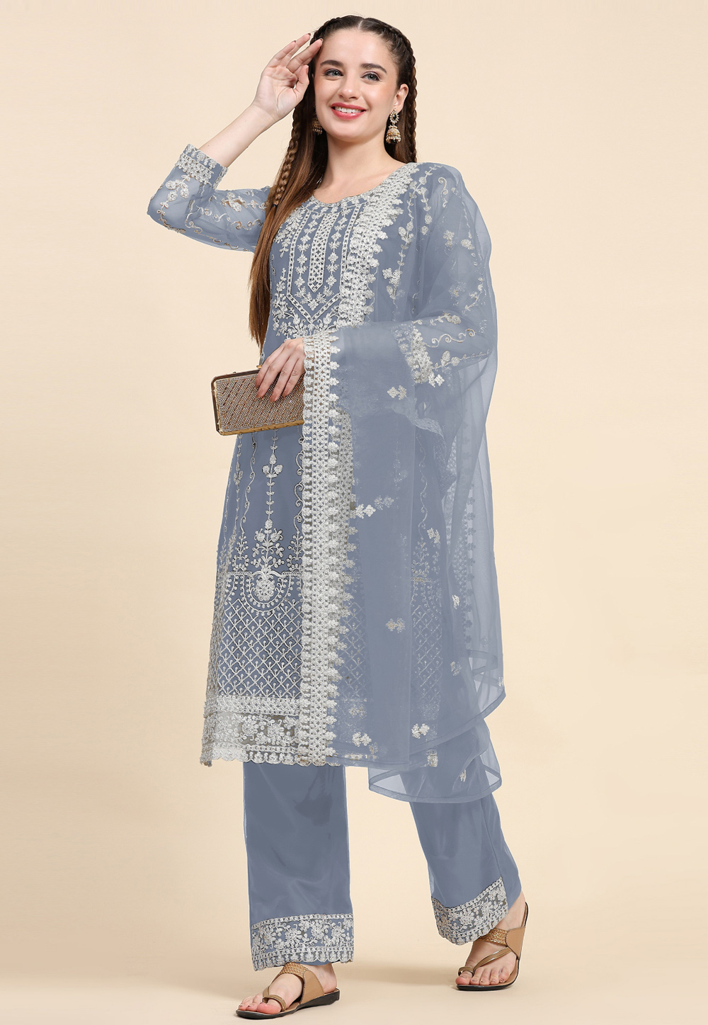 Grey Net Pakistani Suit 274408