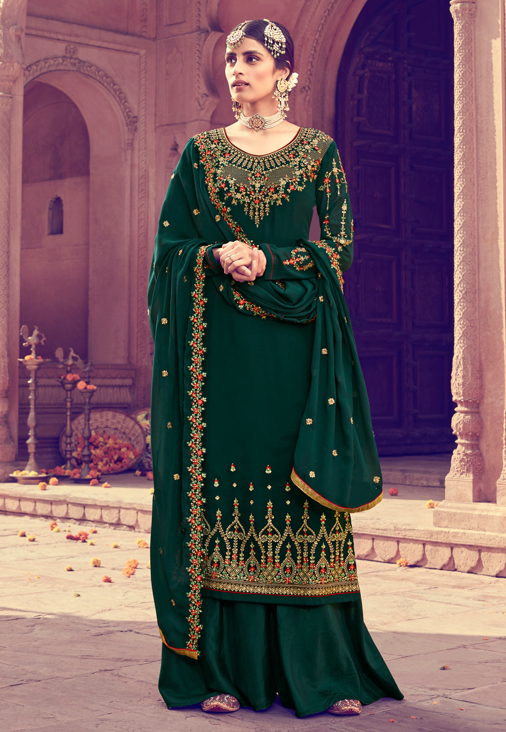 Green Georgette Kameez With Palazzo 199121