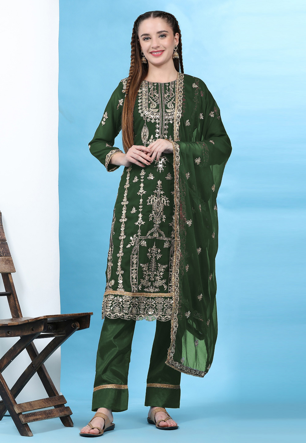 Green Faux Georgette Pant Style Suit 274621
