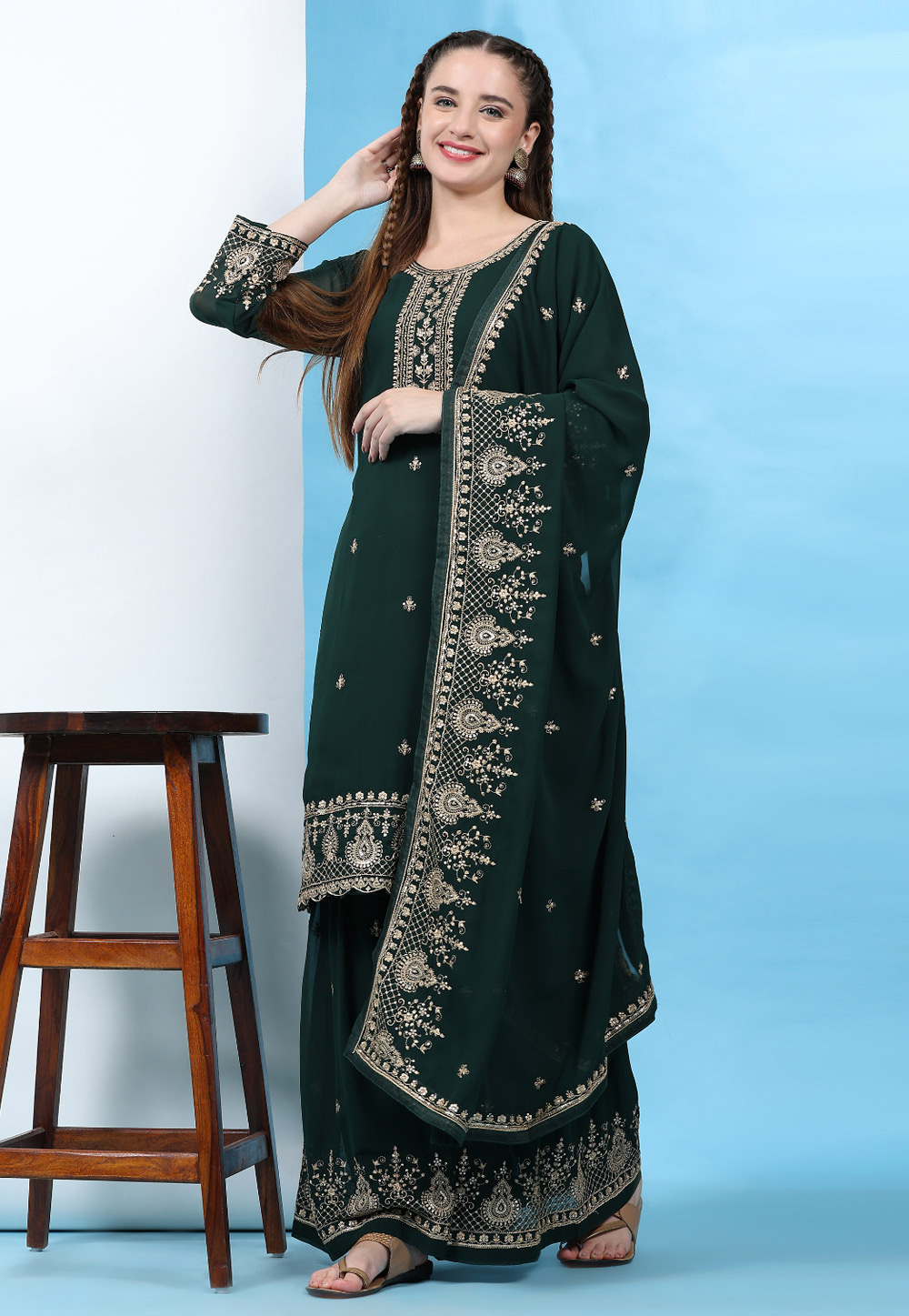 Green Faux Georgette Sharara Suit 274623