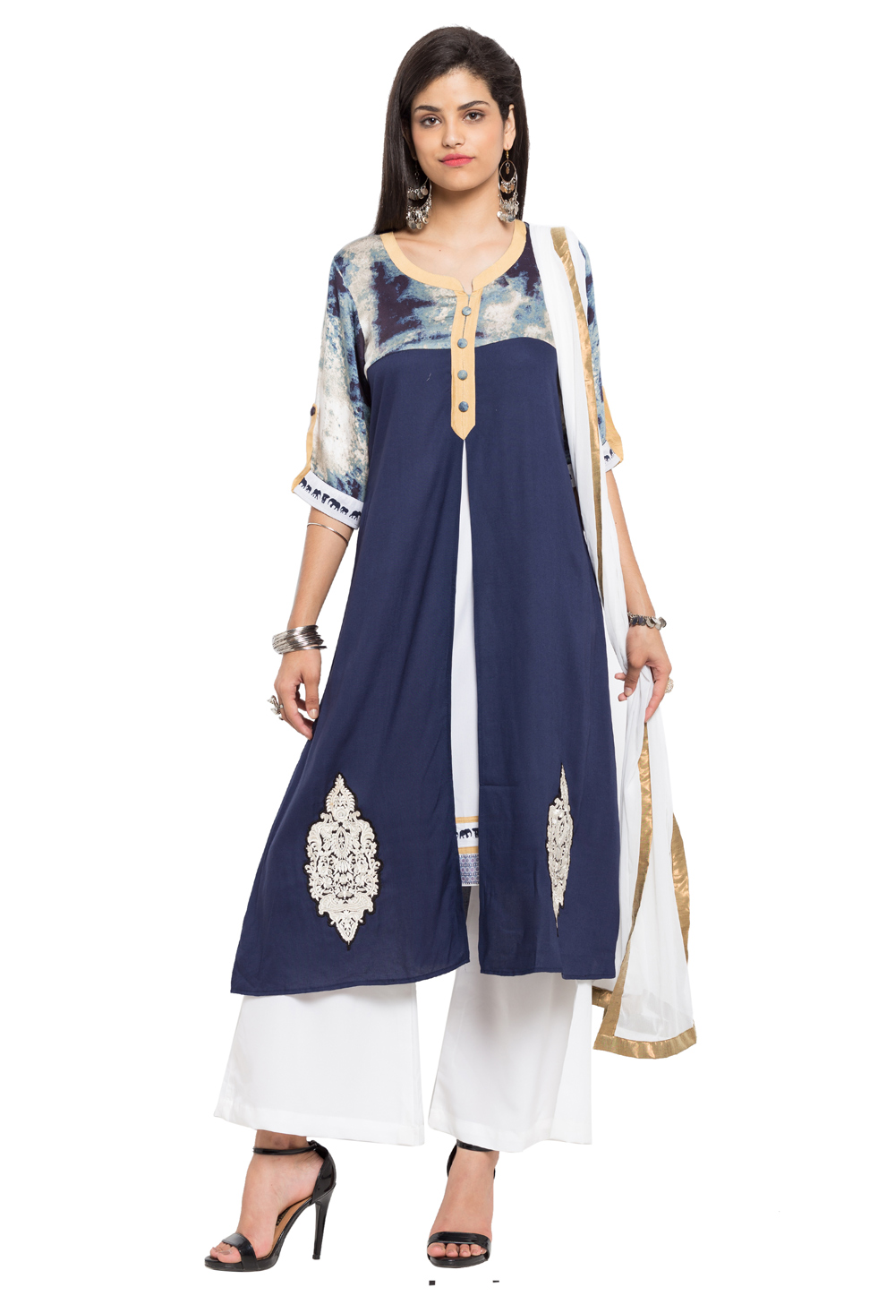 Navy Blue Cotton Readymade Palazzo Suit 230448