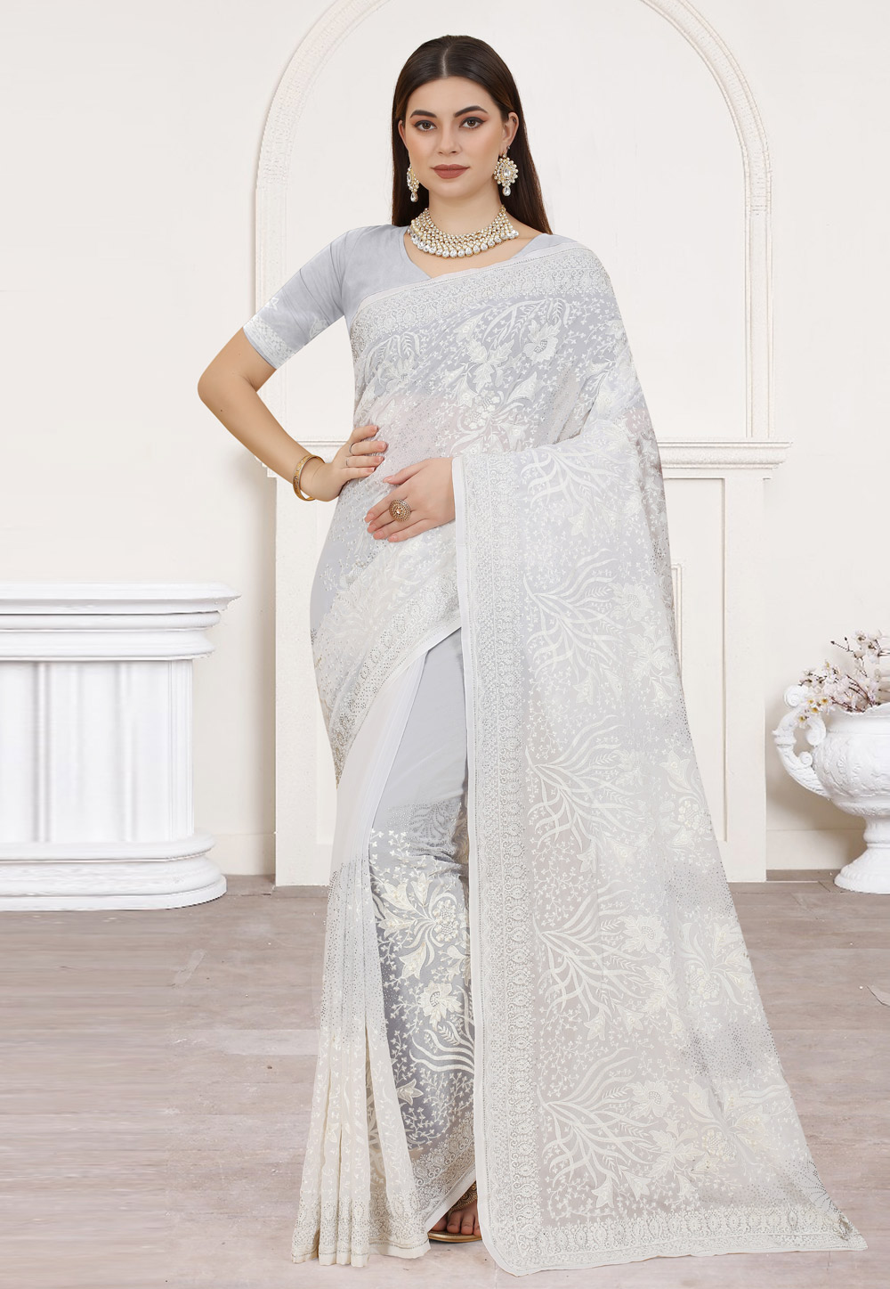 White Georgette Saree With Blouse 258350