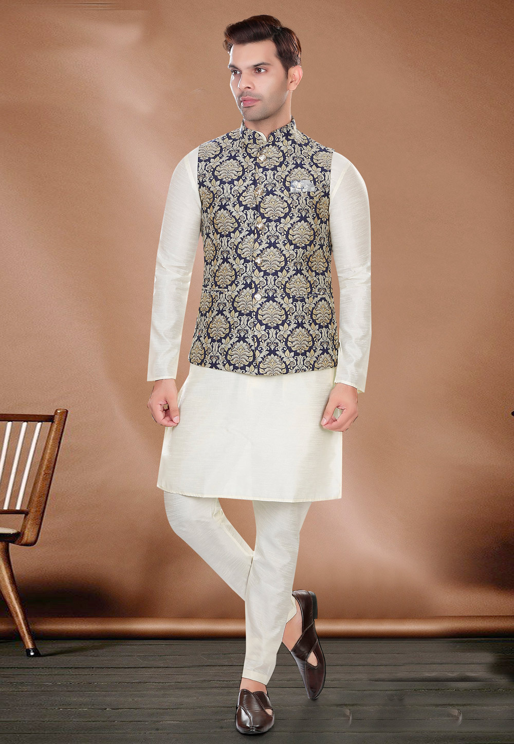 Off White Art Silk Kurta Pajama With Jacket 274760