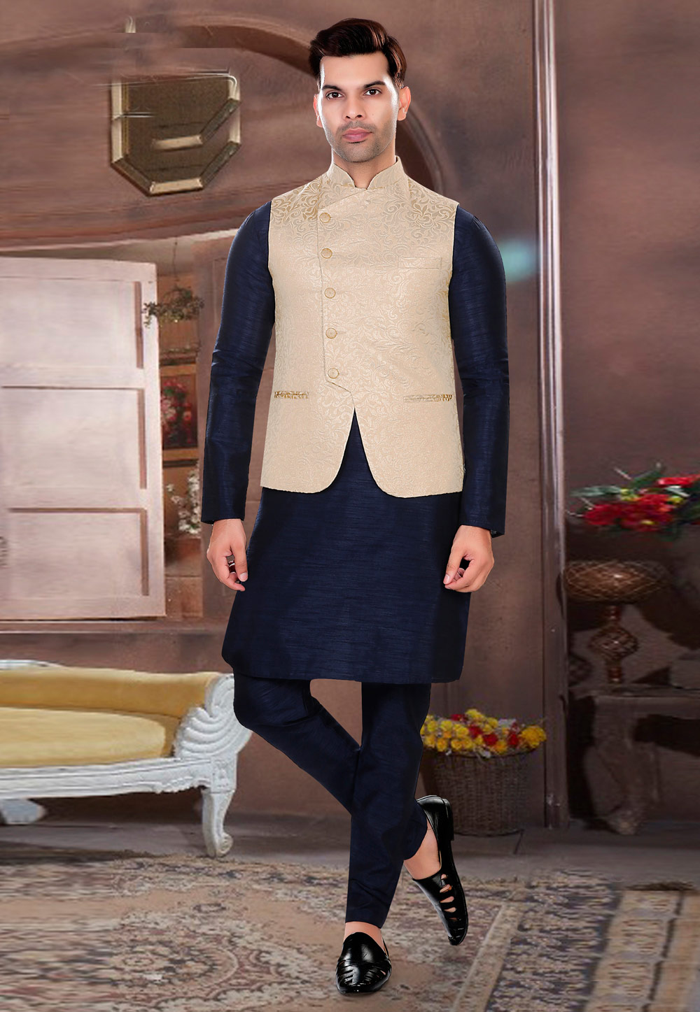 Navy Blue Art Silk Kurta Pajama With Jacket 274764