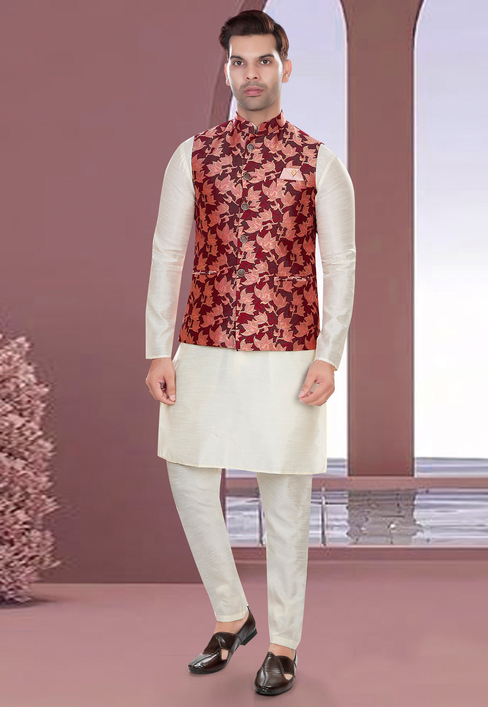 Off White Art Silk Kurta Pajama With Jacket 274766