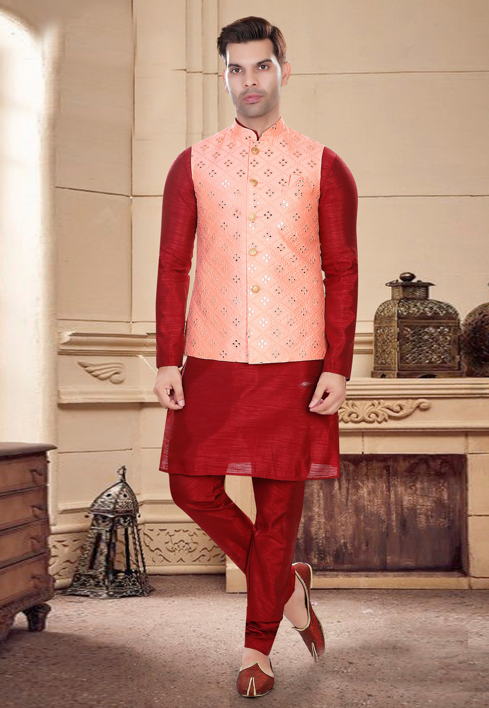Buy Banarasi Silk Black and Red Kurta Payjama With Jacket Online