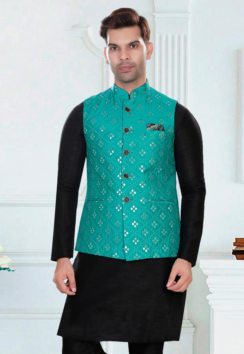 Black kurta pajama with blue online jacket