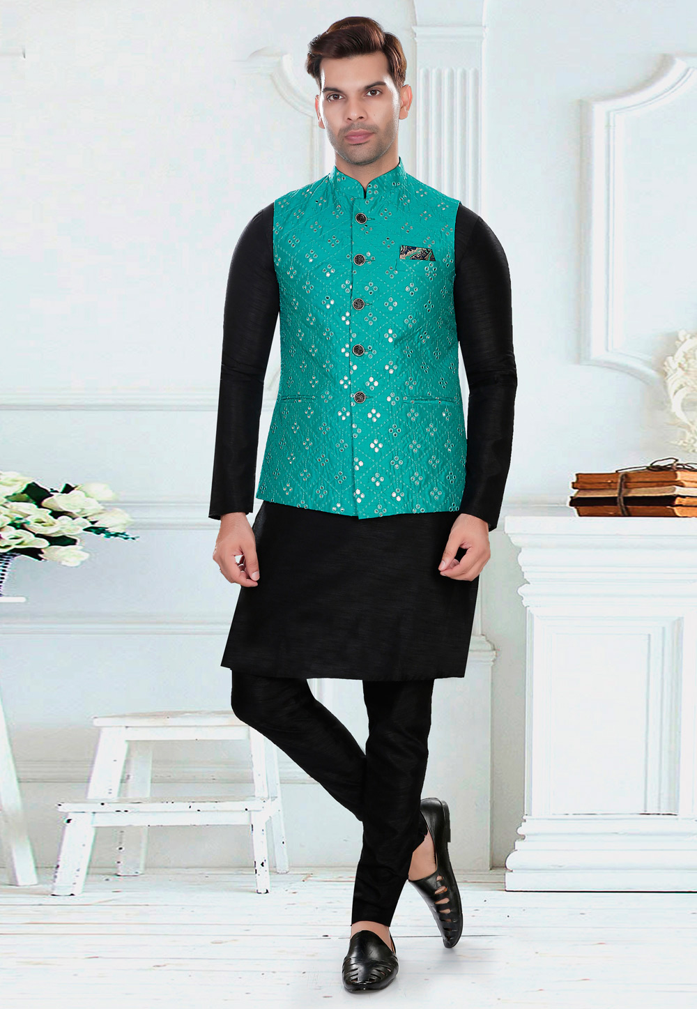 Buy Black Color Cotton Fabric Kurta Pajama with Black Jacket Online