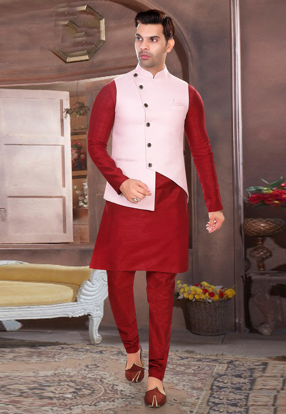 Banarasi Silk Kurta Pyjama with Jacket in Red and Maroon with Printed work  | Silk fabric, Maroon color, Silk